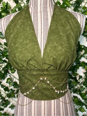 Olive Green Halter Crop Top with Gold Chain Accents